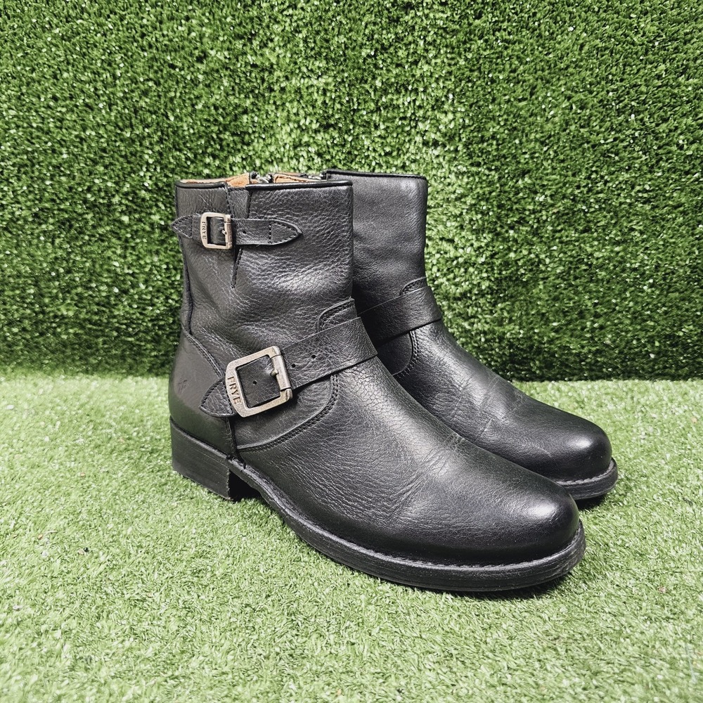 Frye Vicky Black Leather Engineer Side Zip Ankle Boots Womens Size 8.5 B